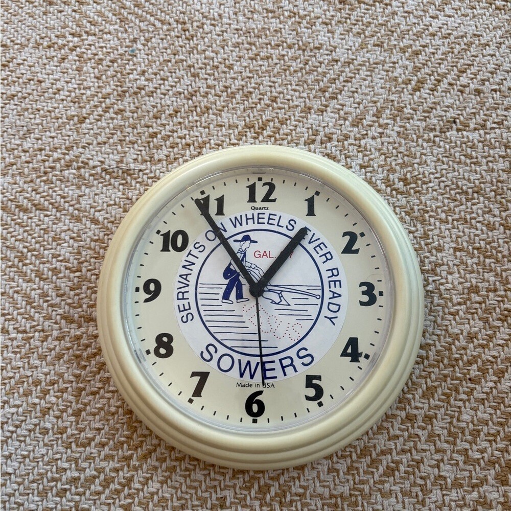 Servants on Wheels Ever Ready SOWERS Cream Wall Clock with Blue Accents